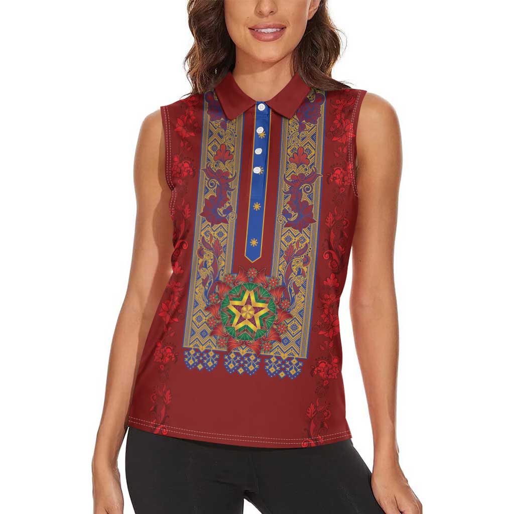Philippines Christmas Women Sleeveless Polo Shirt Parol Xmas Barong Style - Wonder Print Shop
