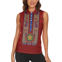 Philippines Christmas Women Sleeveless Polo Shirt Parol Xmas Barong Style - Wonder Print Shop