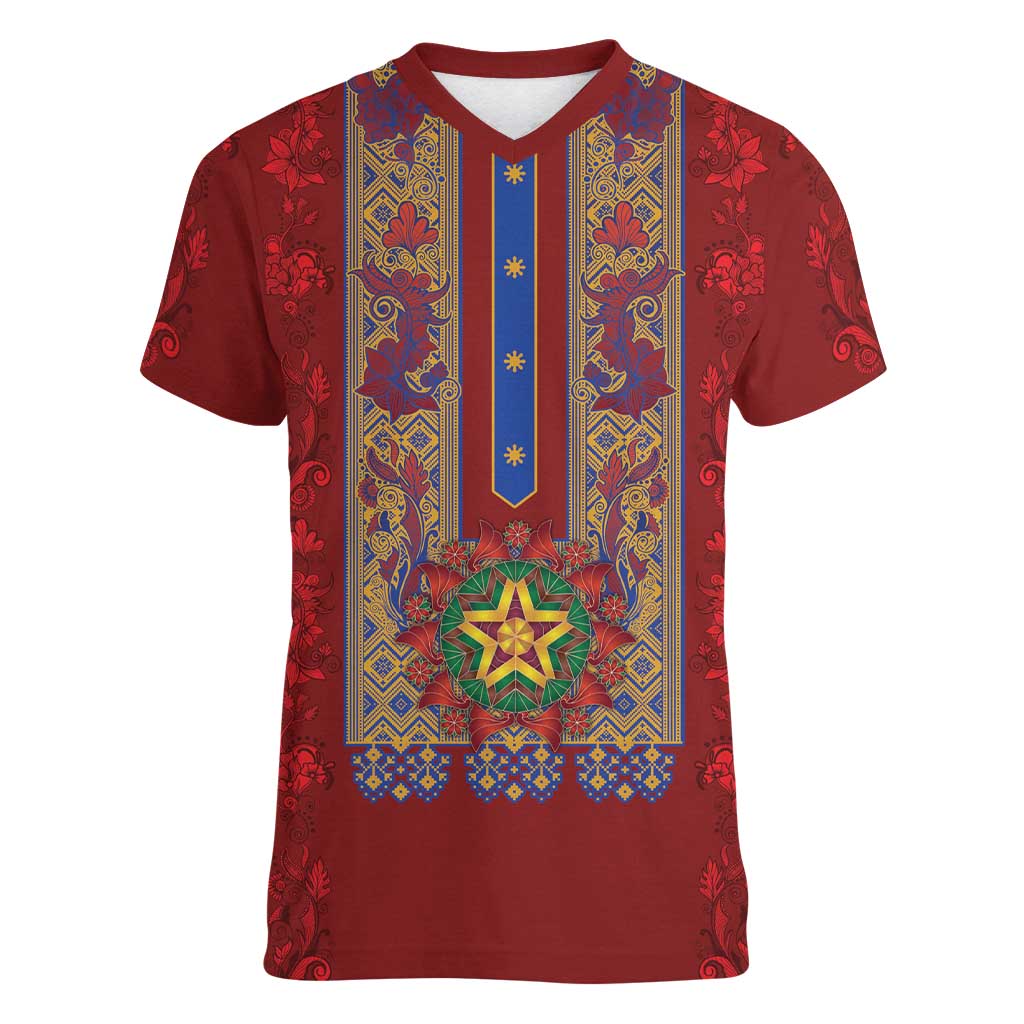 Philippines Christmas Women V-Neck T-Shirt Parol Xmas Barong Style - Wonder Print Shop