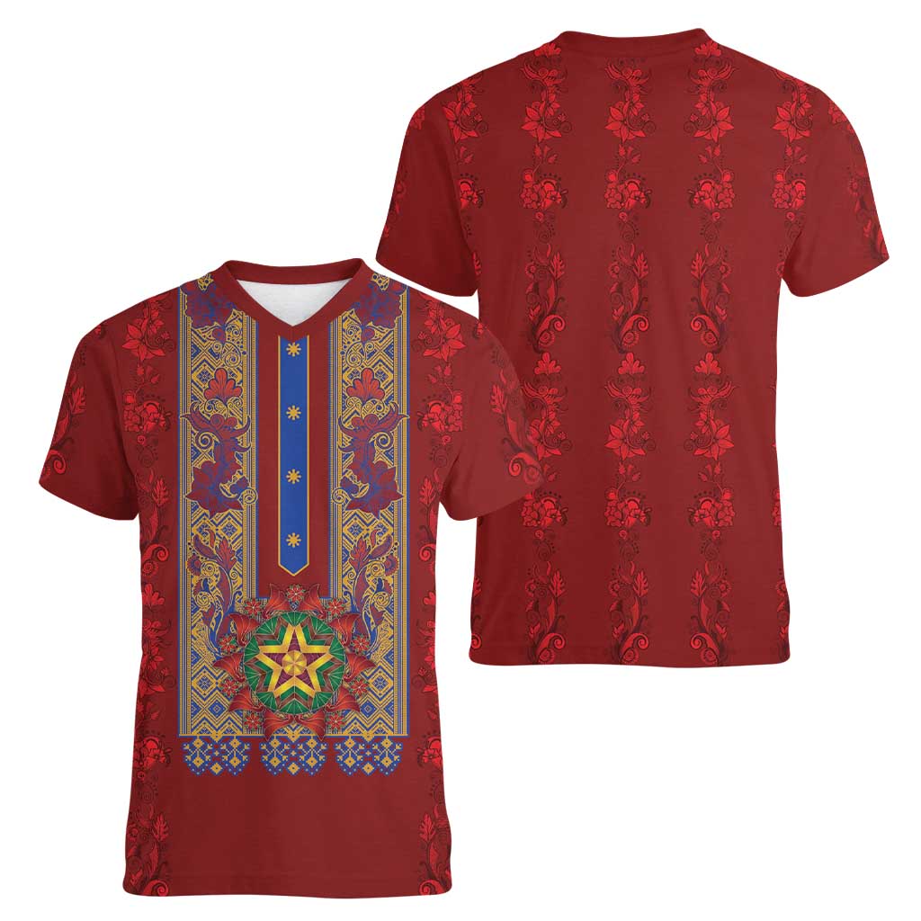 Philippines Christmas Women V-Neck T-Shirt Parol Xmas Barong Style - Wonder Print Shop