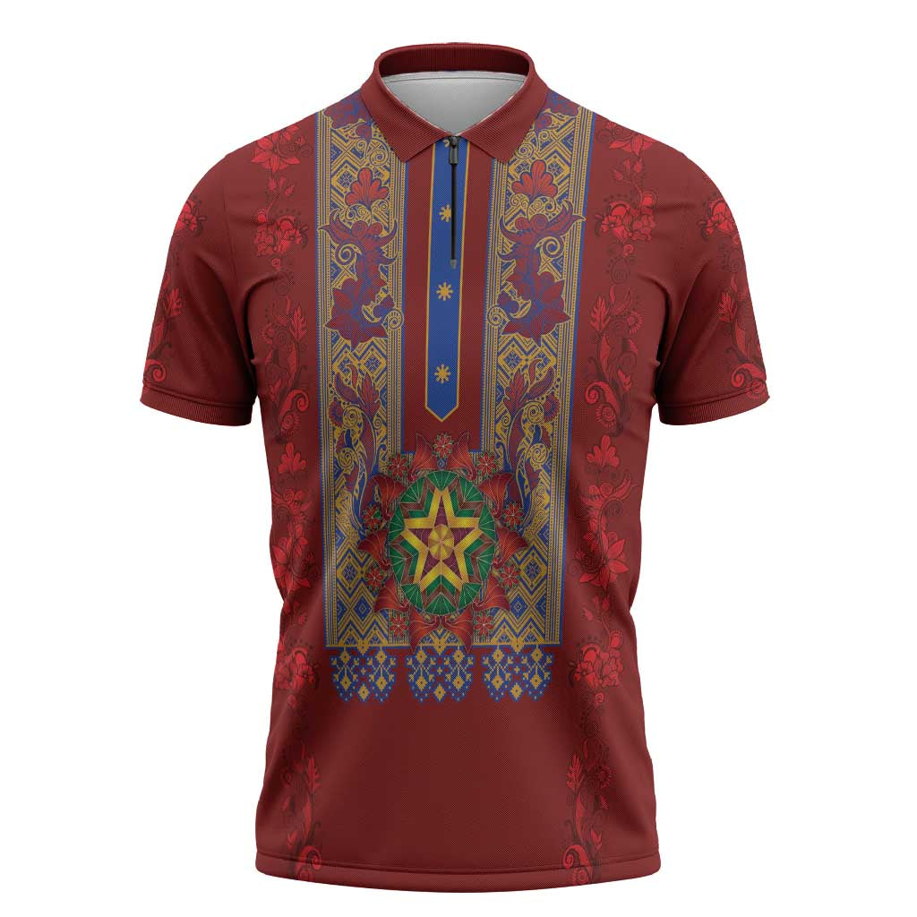 Philippines Christmas Zipper Polo Shirt Parol Xmas Barong Style - Wonder Print Shop