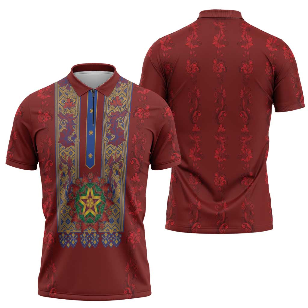 Philippines Christmas Zipper Polo Shirt Parol Xmas Barong Style - Wonder Print Shop