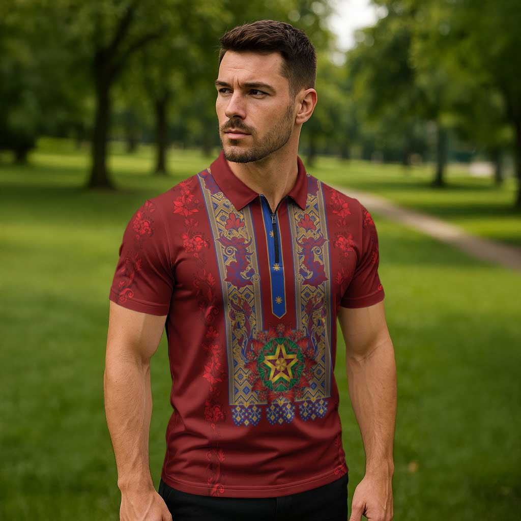 Philippines Christmas Zipper Polo Shirt Parol Xmas Barong Style - Wonder Print Shop