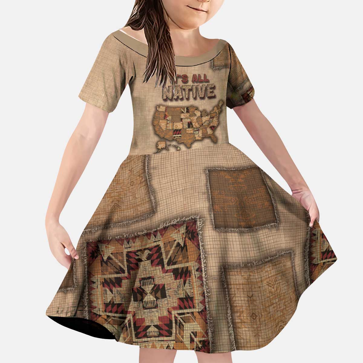 Native American Kid Short Sleeve Dress Retro Map Stitching Effect
