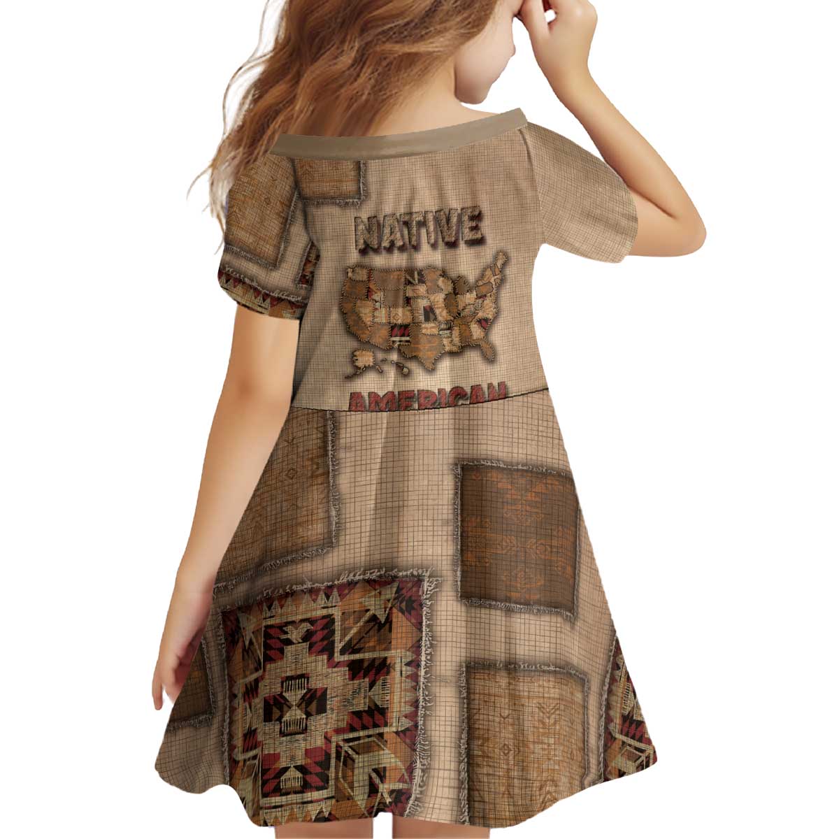 Native American Kid Short Sleeve Dress Retro Map Stitching Effect