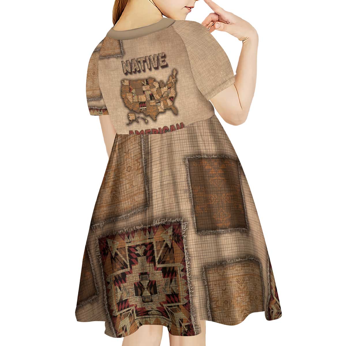 Native American Kid Short Sleeve Dress Retro Map Stitching Effect