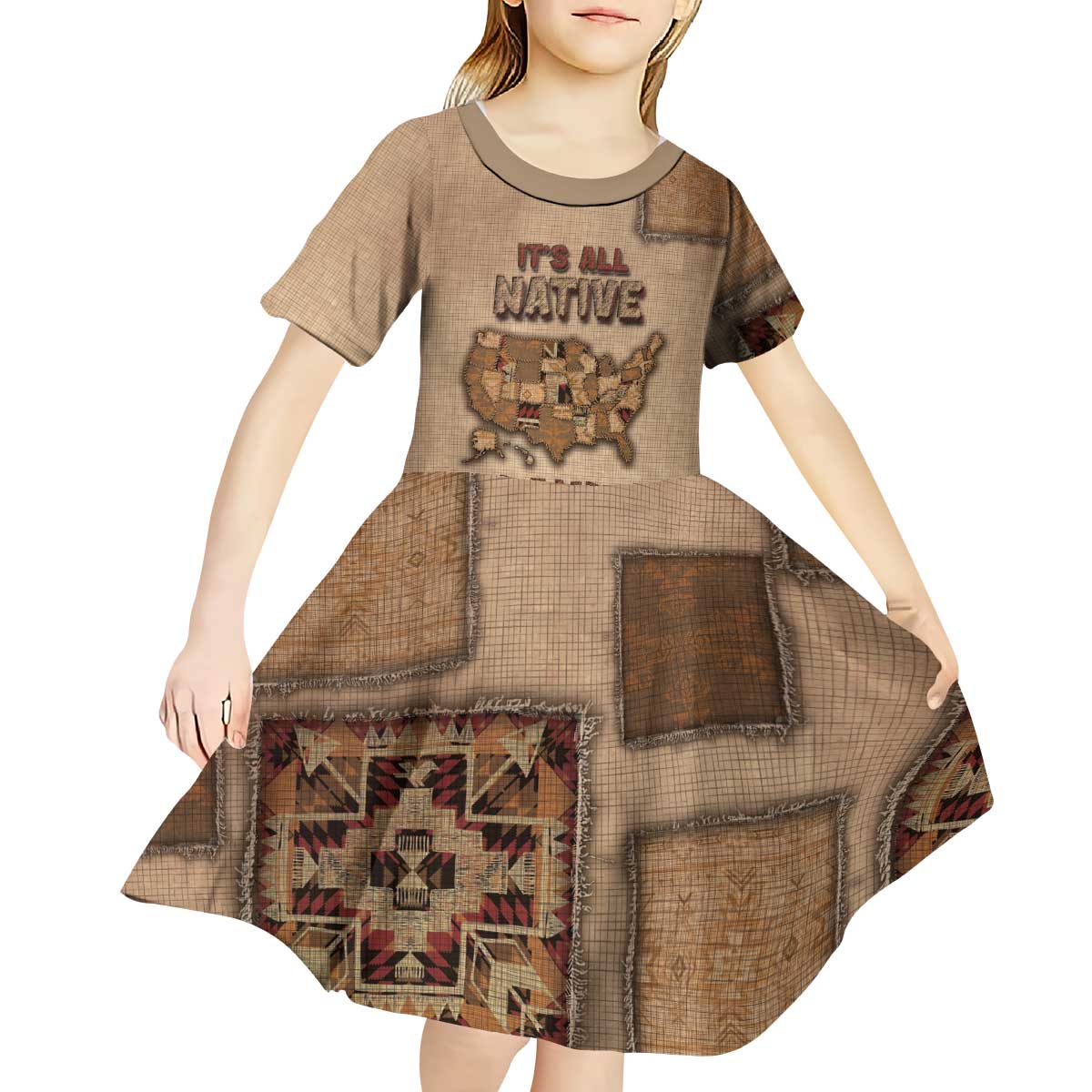 Native American Kid Short Sleeve Dress Retro Map Stitching Effect