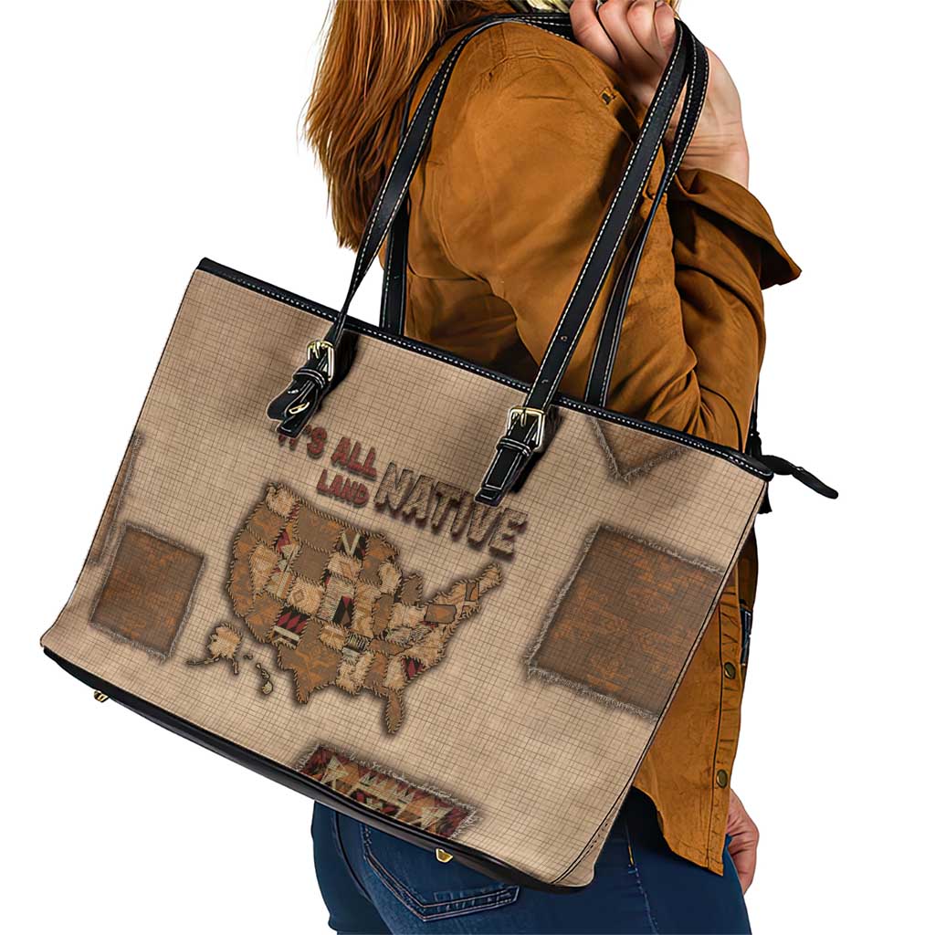 Native American Leather Tote Bag Retro Map Stitching Effect