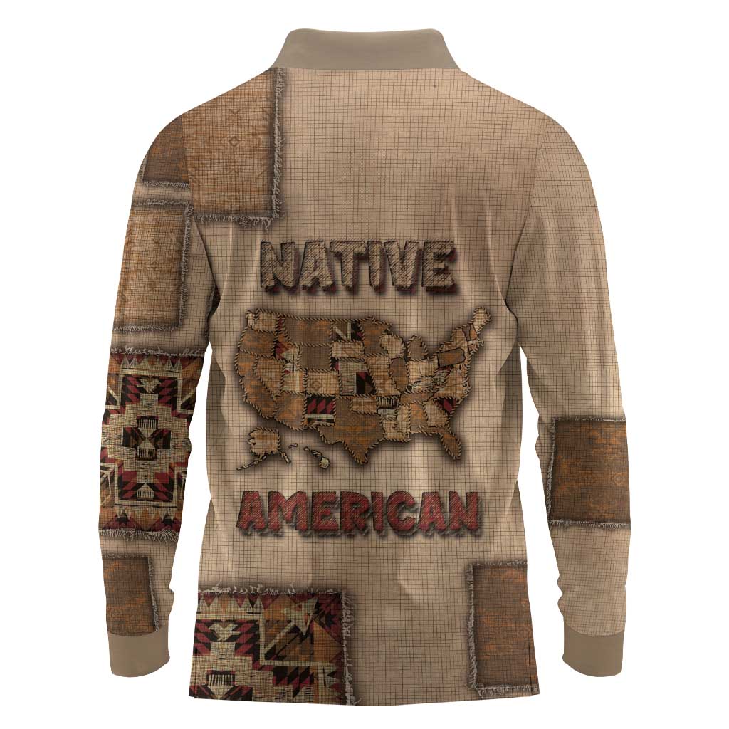 Native American Long Sleeve Polo Shirt Retro Map Stitching Effect