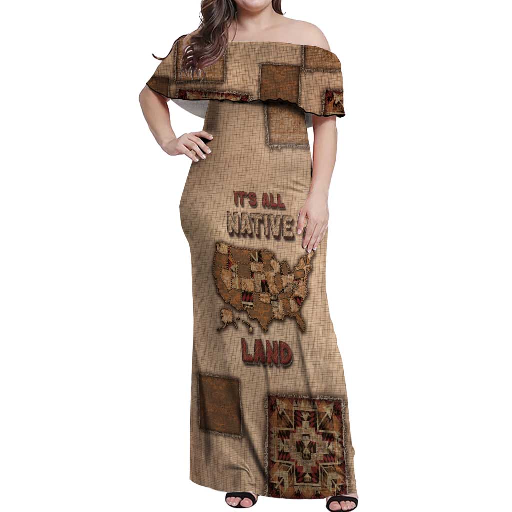 Native American Off Shoulder Maxi Dress Retro Map Stitching Effect