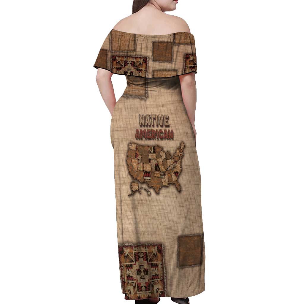 Native American Off Shoulder Maxi Dress Retro Map Stitching Effect