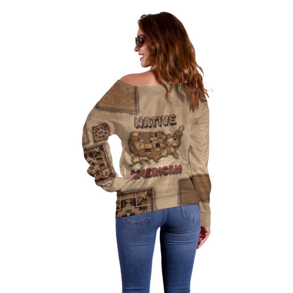 Native American Off Shoulder Sweater Retro Map Stitching Effect