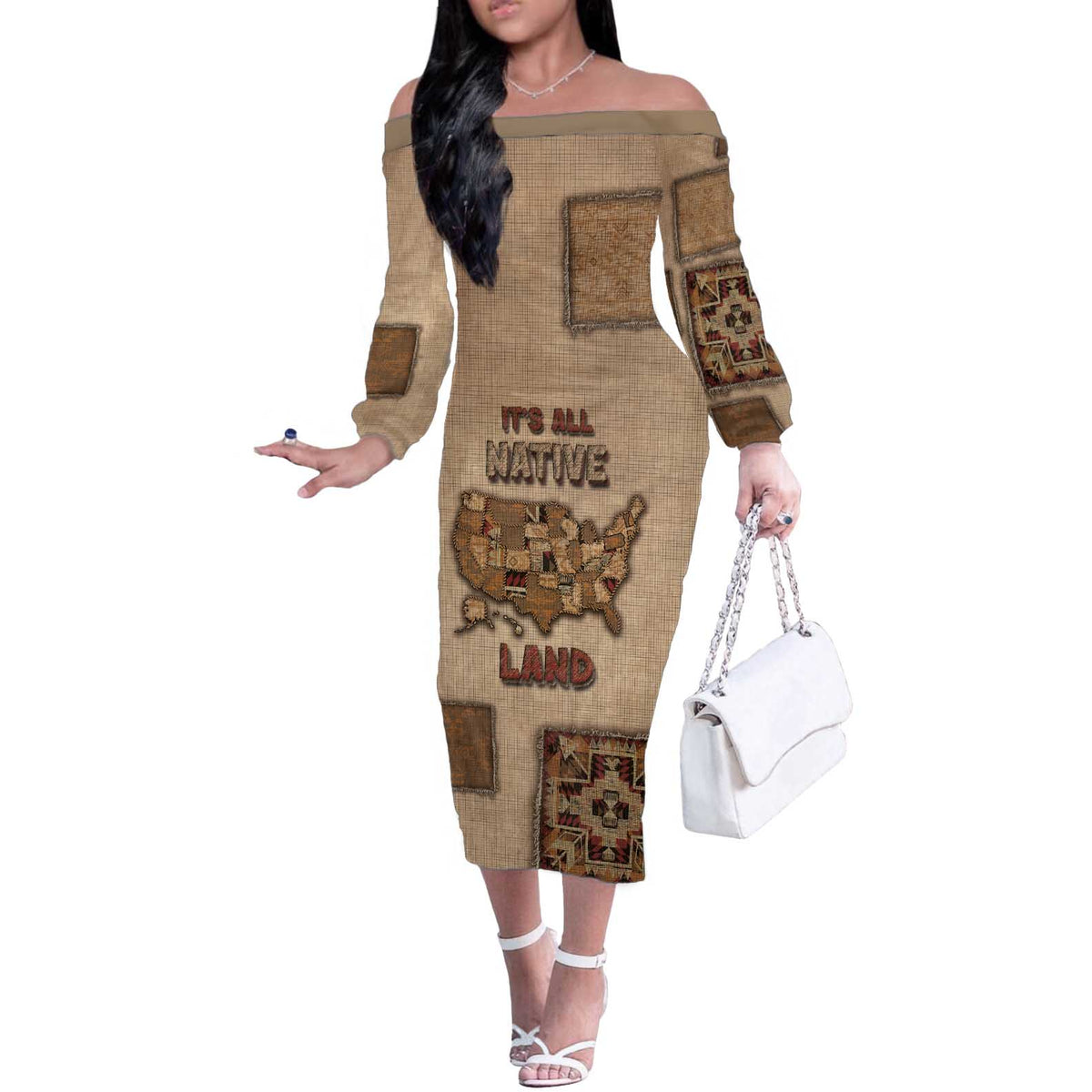 Native American Off The Shoulder Long Sleeve Dress Retro Map Stitching Effect
