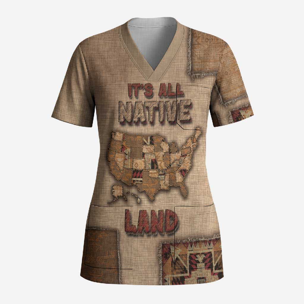 Native American Scrub Top Retro Map Stitching Effect