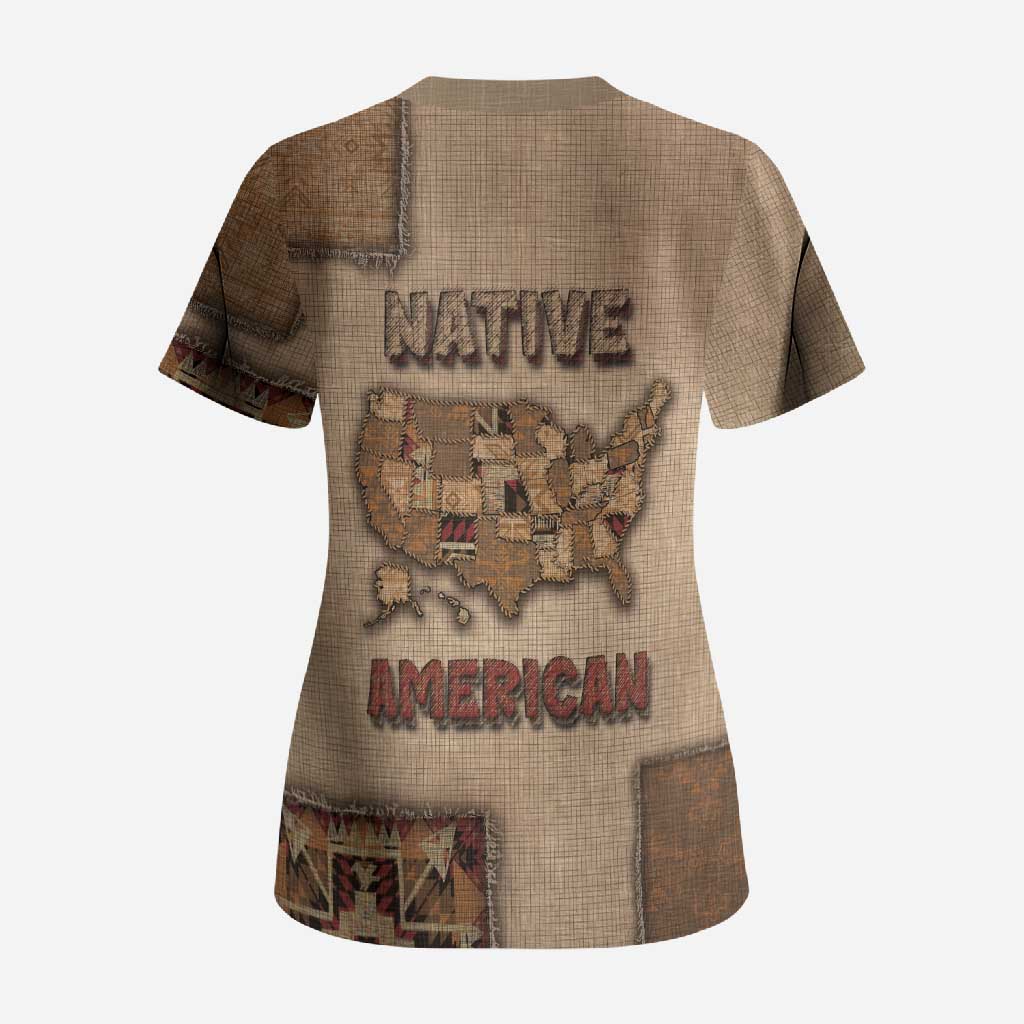 Native American Scrub Top Retro Map Stitching Effect