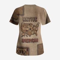 Native American Scrub Top Retro Map Stitching Effect