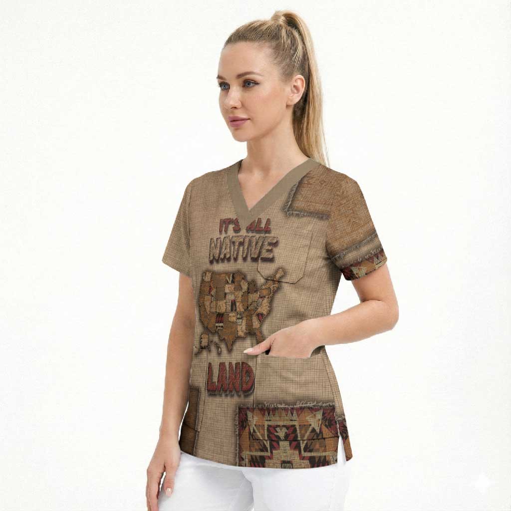 Native American Scrub Top Retro Map Stitching Effect