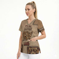 Native American Scrub Top Retro Map Stitching Effect