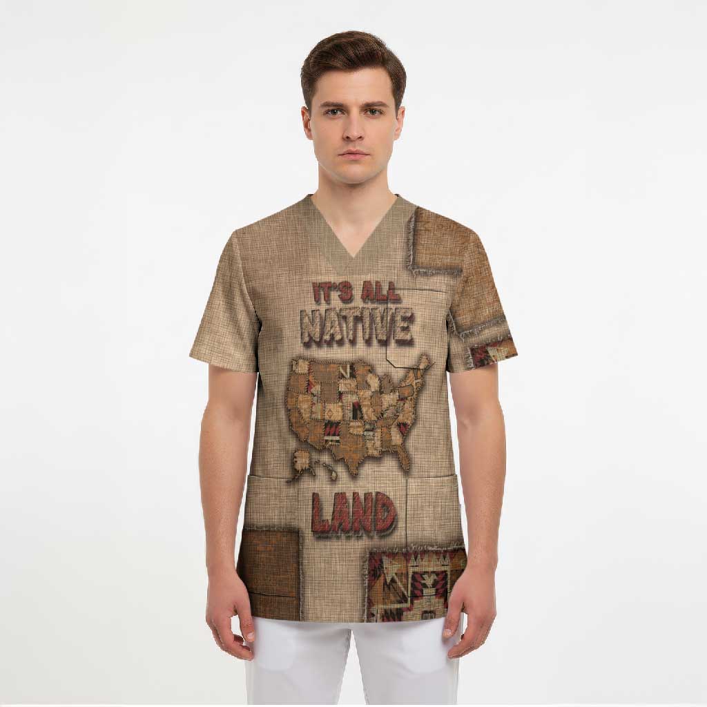 Native American Scrub Top Retro Map Stitching Effect