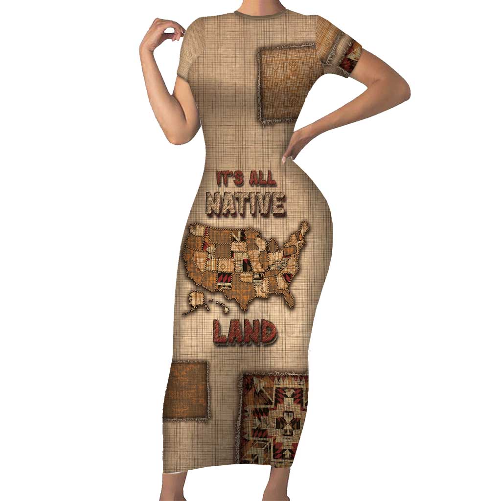 Native American Short Sleeve Bodycon Dress Retro Map Stitching Effect