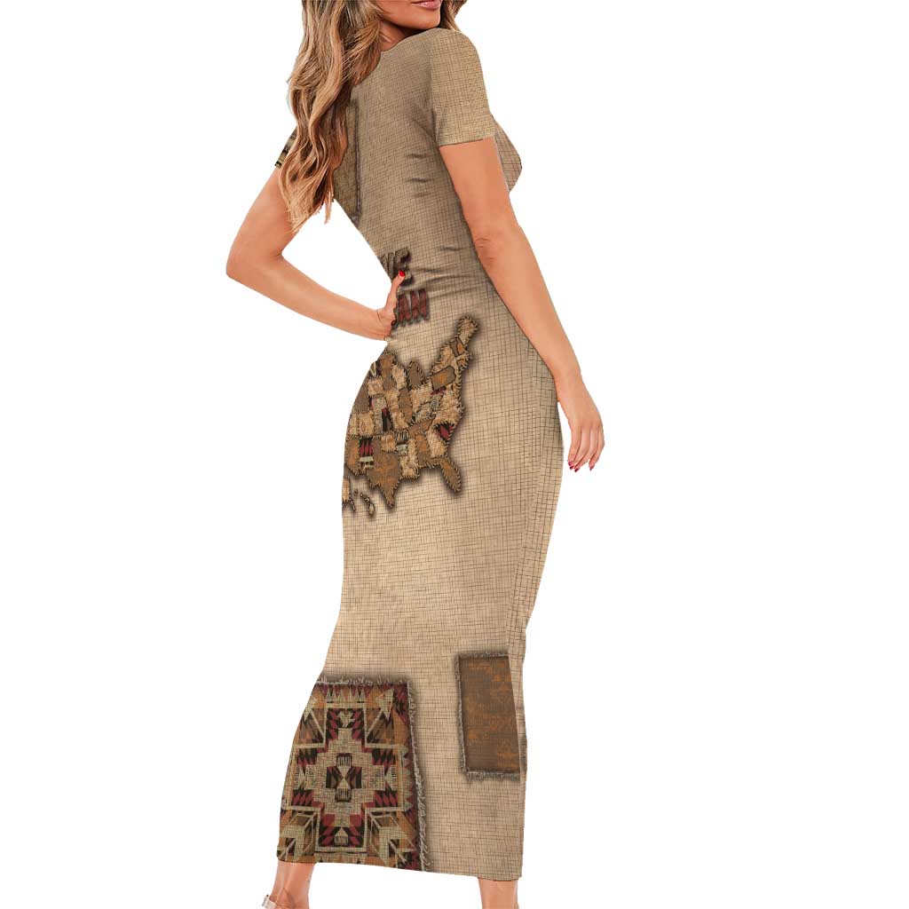 Native American Short Sleeve Bodycon Dress Retro Map Stitching Effect