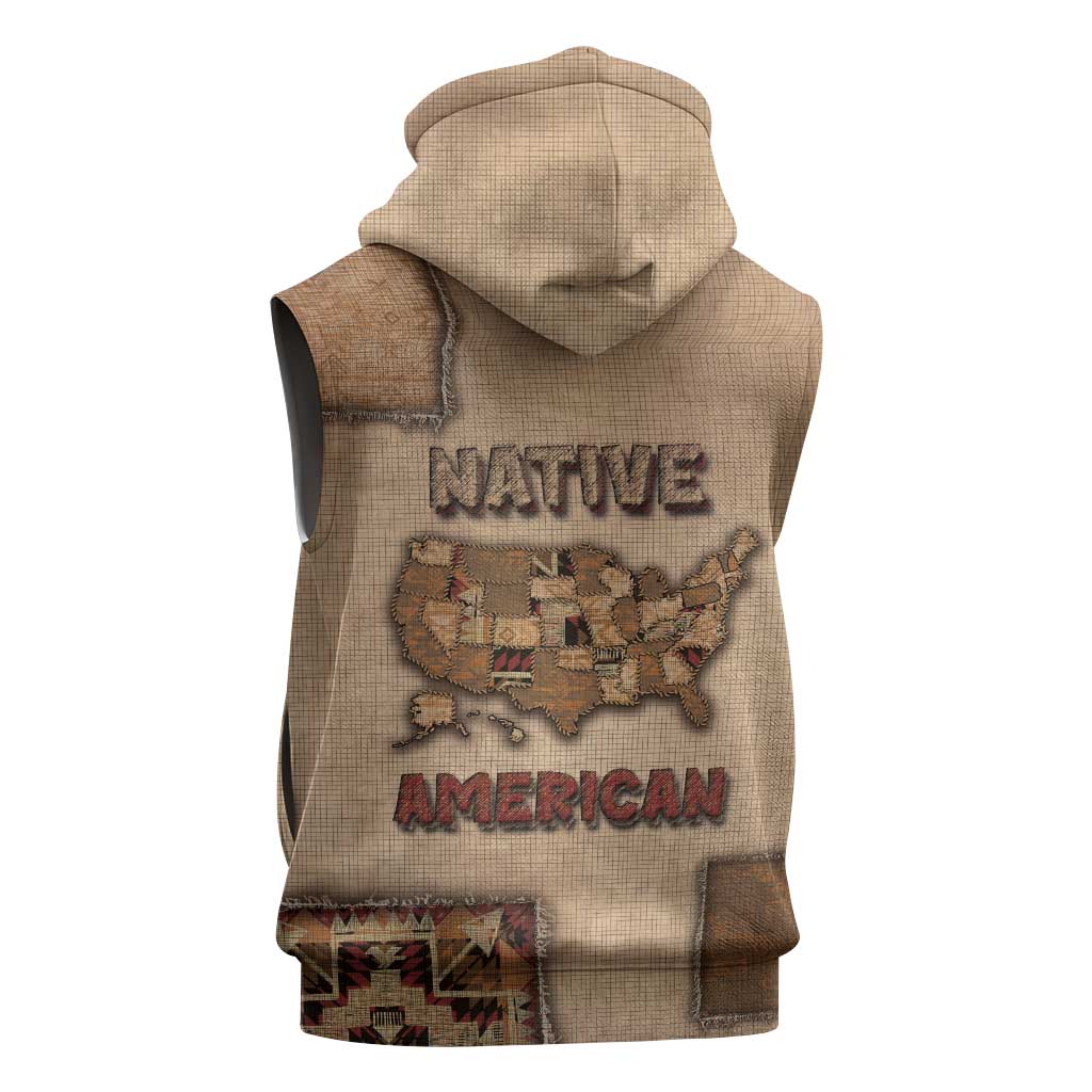 Native American Sleeveless Zip Hoodie Retro Map Stitching Effect