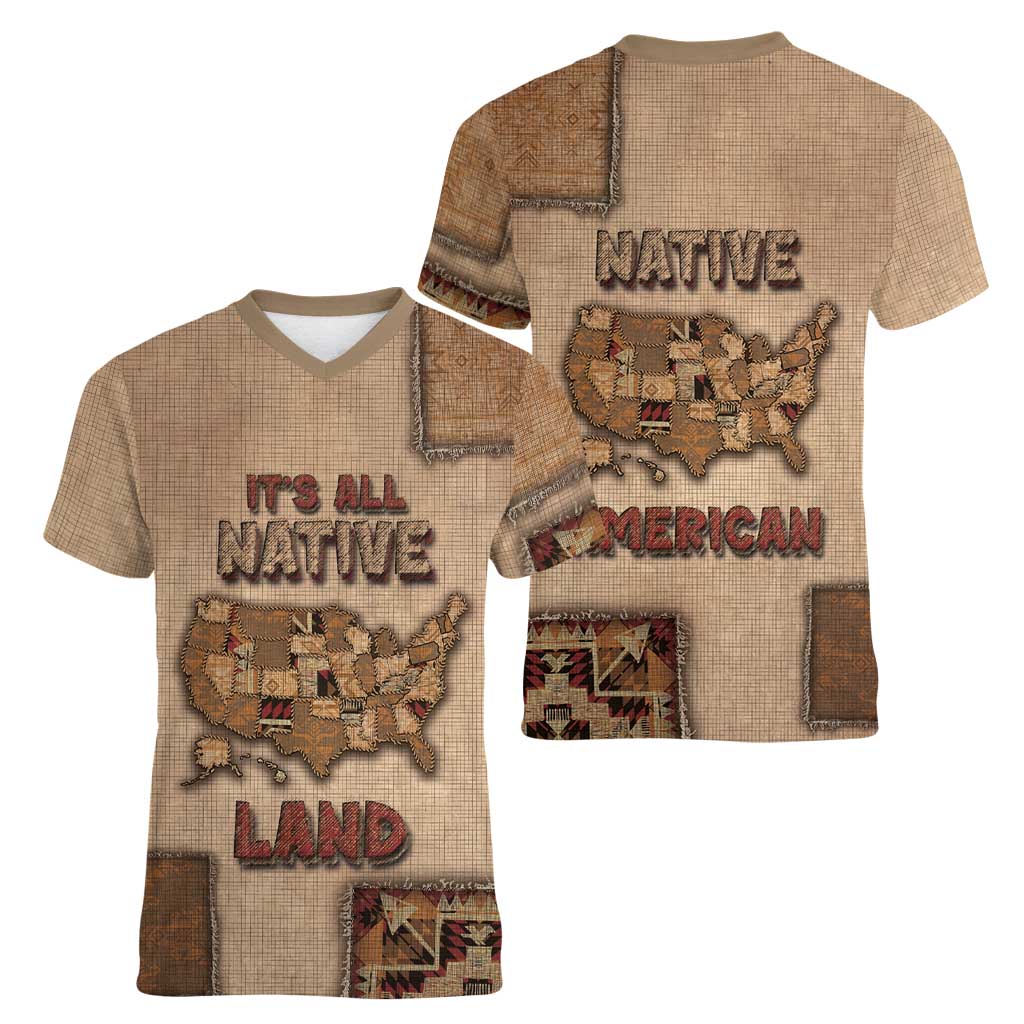 Native American Women V-Neck T-Shirt Retro Map Stitching Effect