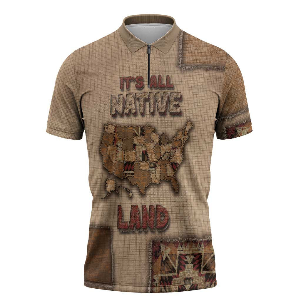 Native American Zipper Polo Shirt Retro Map Stitching Effect