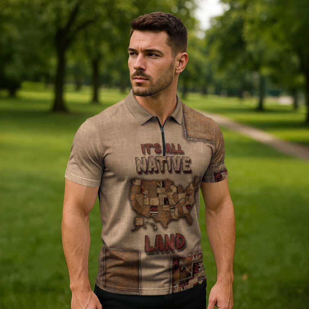 Native American Zipper Polo Shirt Retro Map Stitching Effect