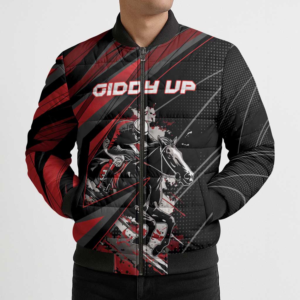 Custom Horse Racing Bomber Puffer Jacket Giddy Up