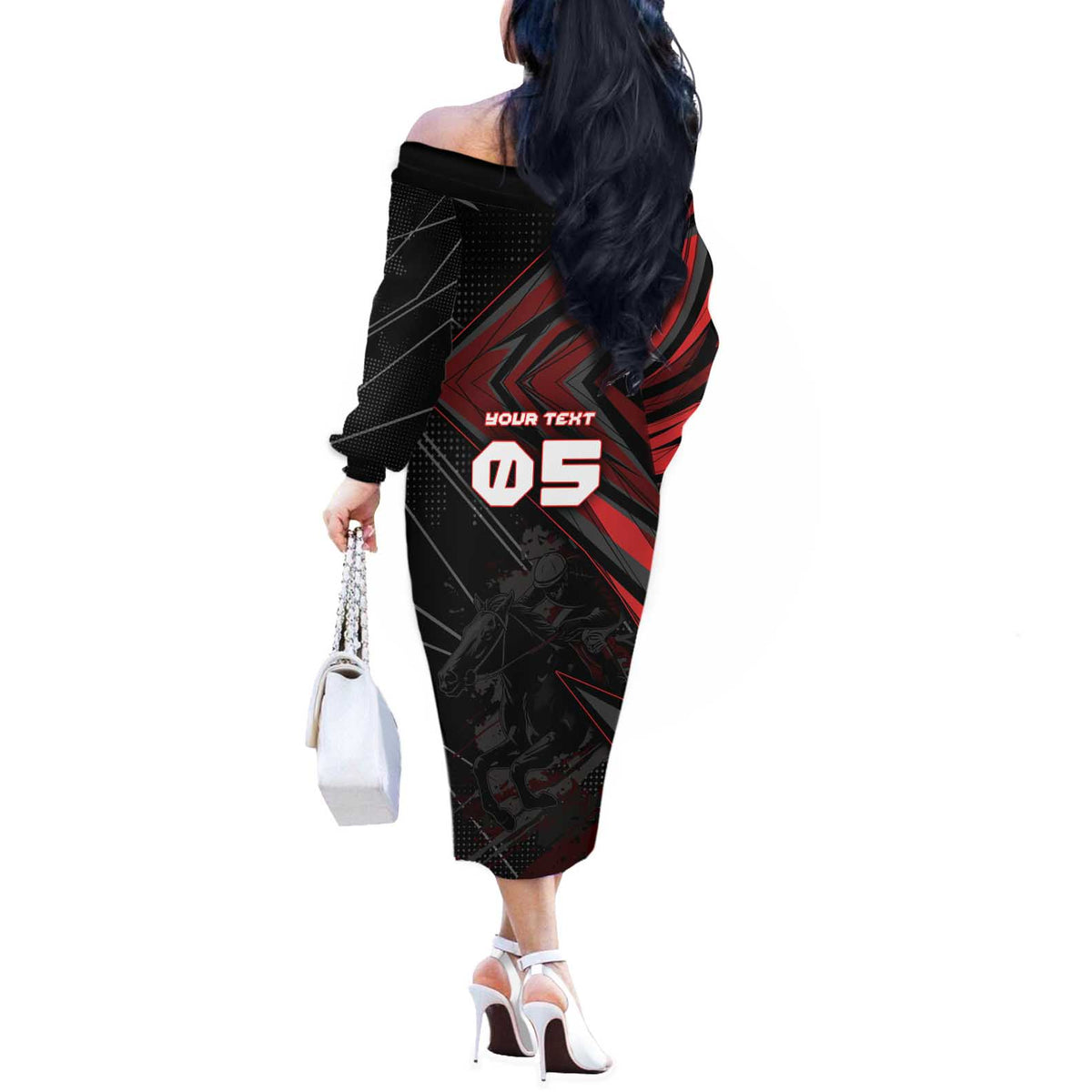 Custom Horse Racing Off The Shoulder Long Sleeve Dress Giddy Up