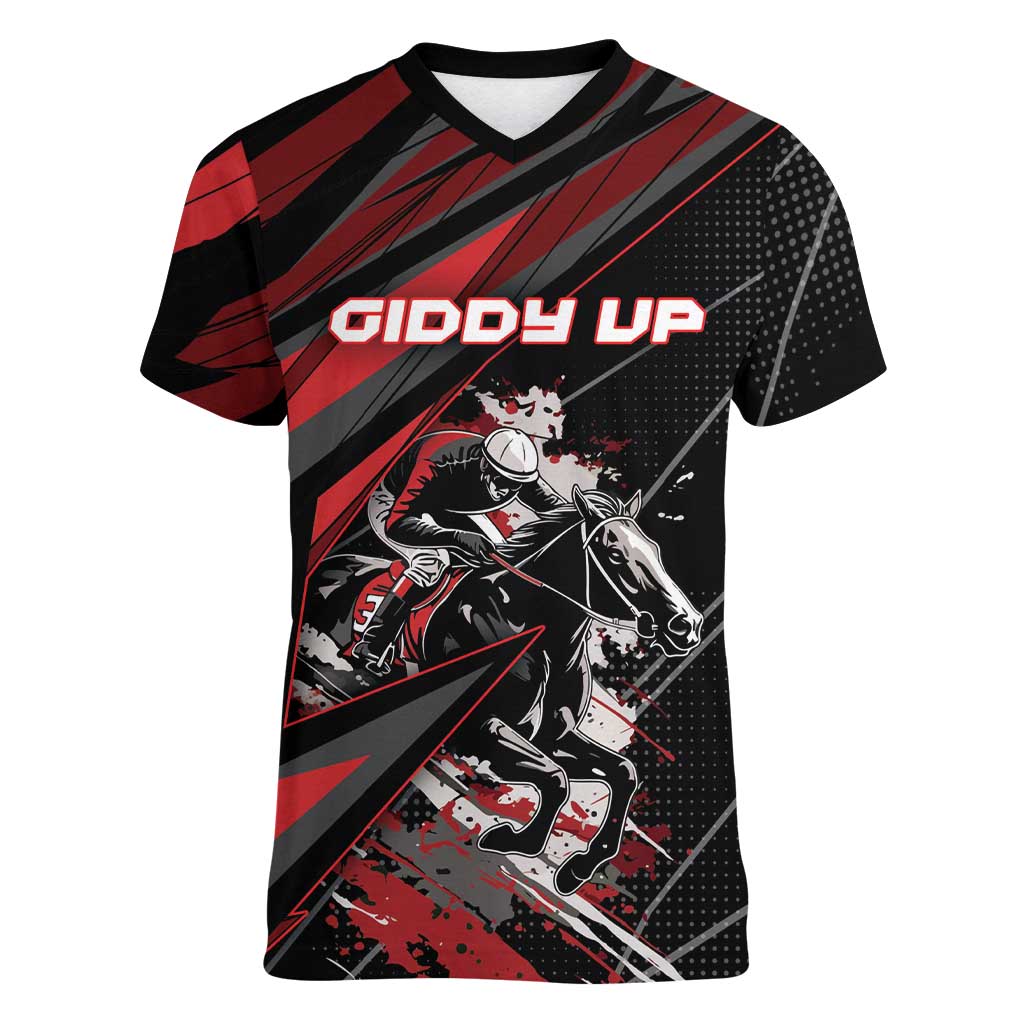 Custom Horse Racing Women V-Neck T-Shirt Giddy Up