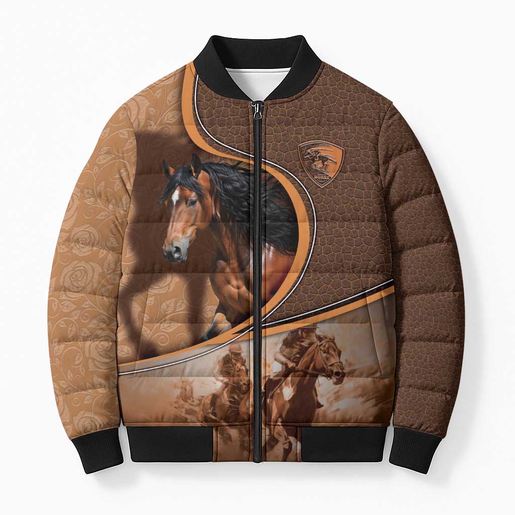 Personalized Horse Racing Bomber Puffer Jacket Royal Race Leather Effect