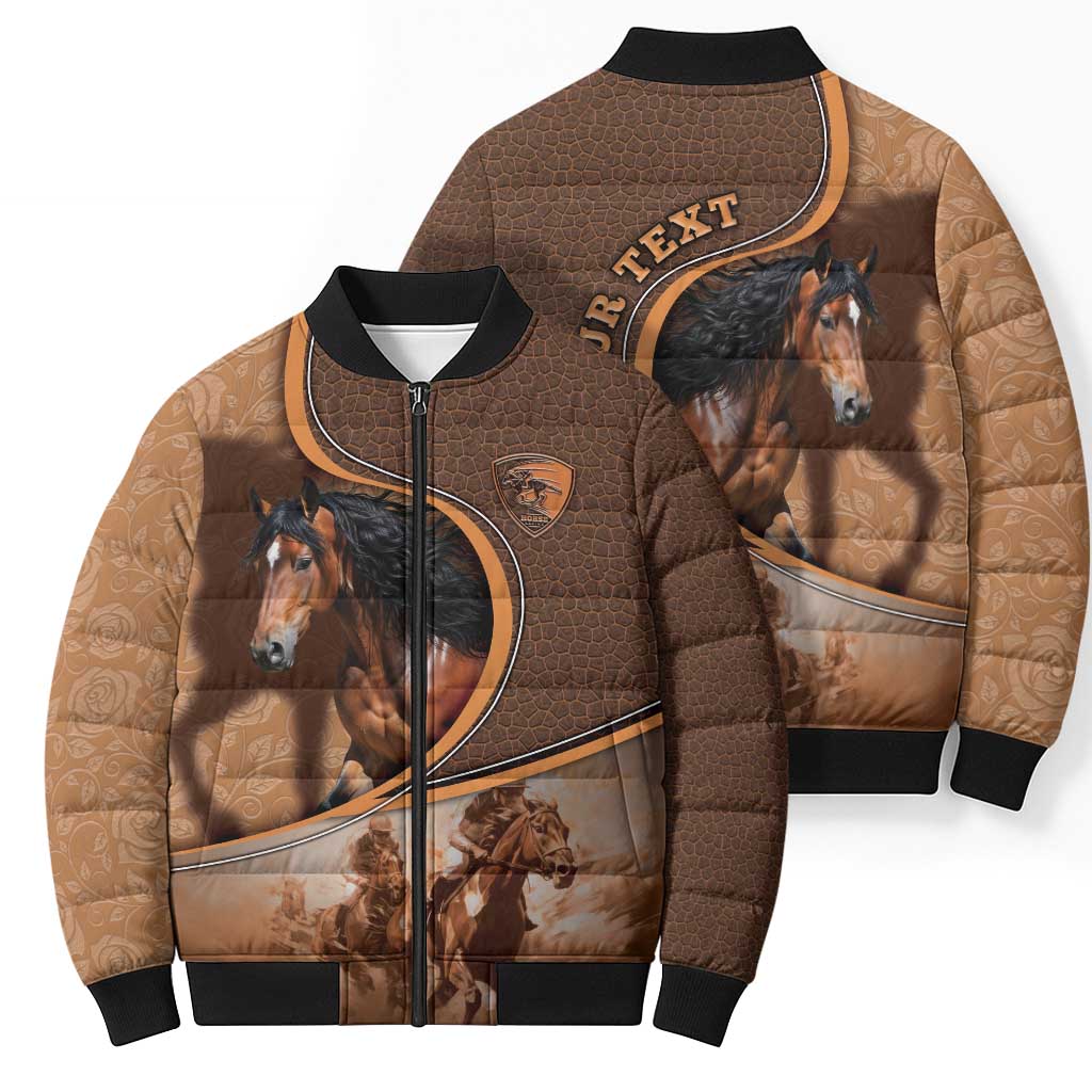Personalized Horse Racing Bomber Puffer Jacket Royal Race Leather Effect
