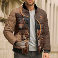 Personalized Horse Racing Bomber Puffer Jacket Royal Race Leather Effect