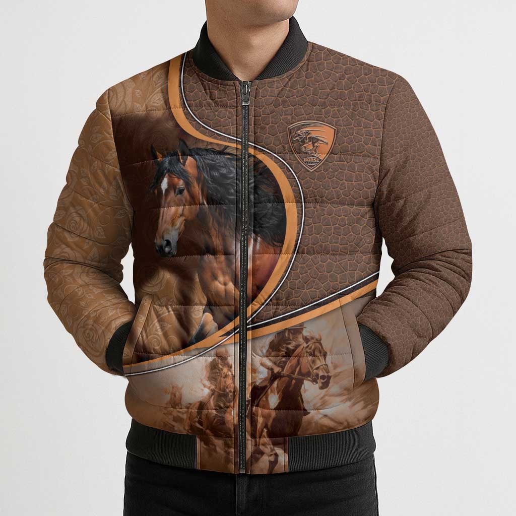 Personalized Horse Racing Bomber Puffer Jacket Royal Race Leather Effect