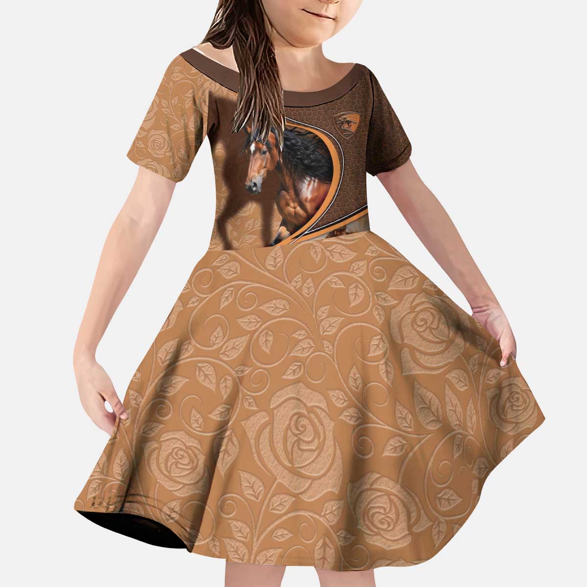 Personalized Horse Racing Kid Short Sleeve Dress Royal Race Leather Effect