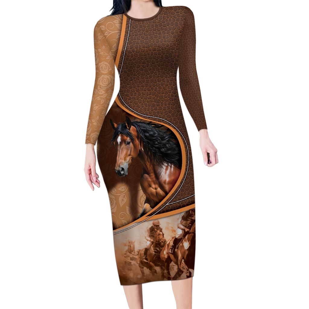 Personalized Horse Racing Long Sleeve Bodycon Dress Royal Race Leather Effect