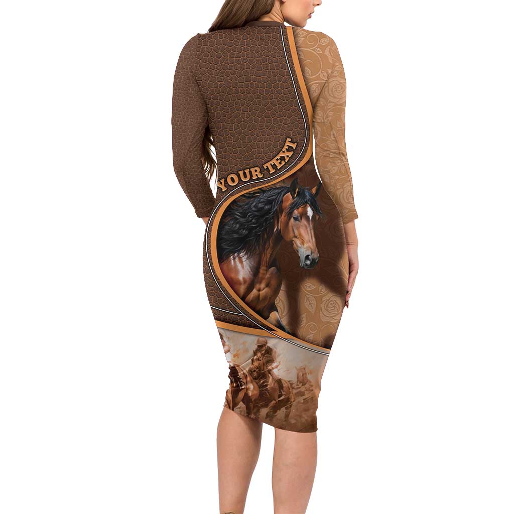 Personalized Horse Racing Long Sleeve Bodycon Dress Royal Race Leather Effect