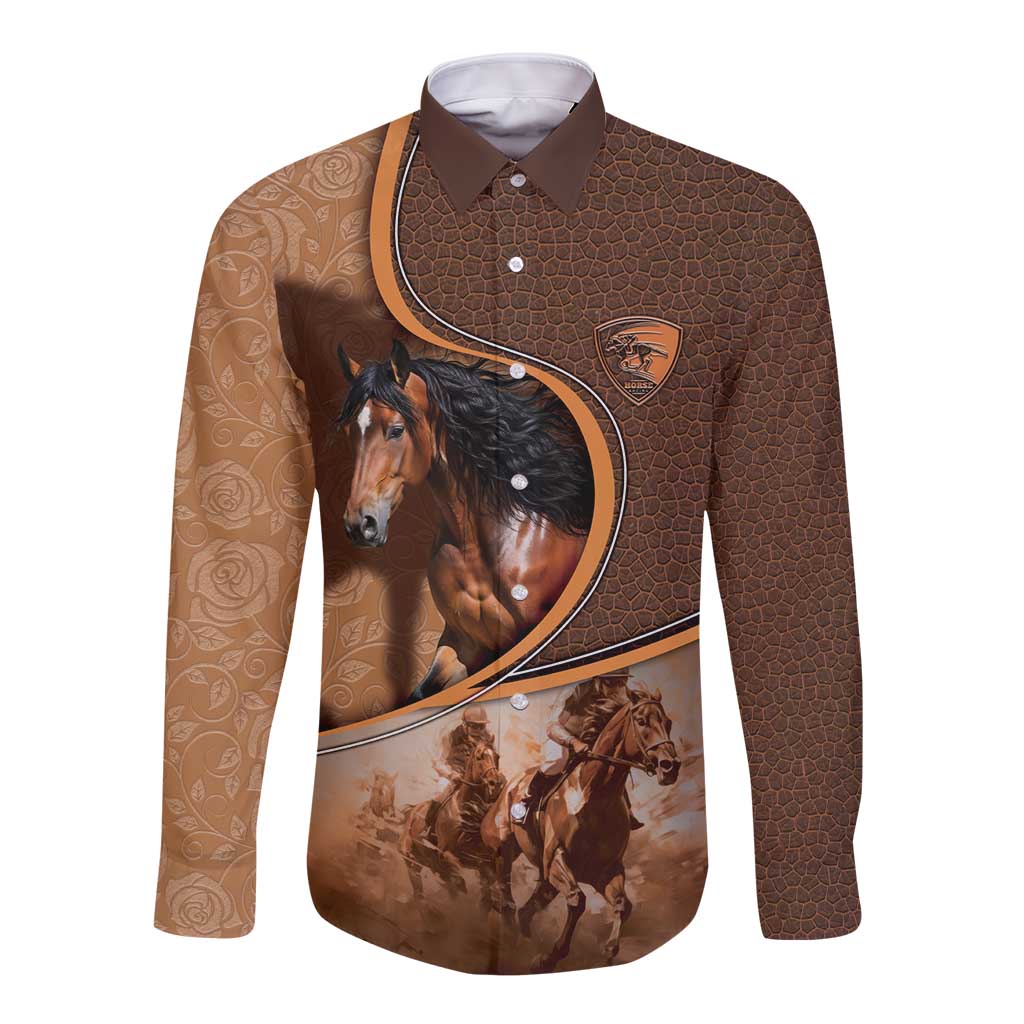 Personalized Horse Racing Long Sleeve Button Shirt Royal Race Leather Effect
