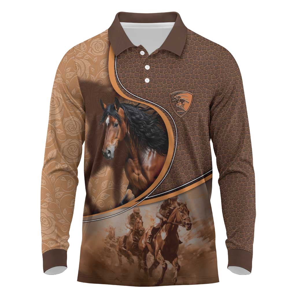 Personalized Horse Racing Long Sleeve Polo Shirt Royal Race Leather Effect