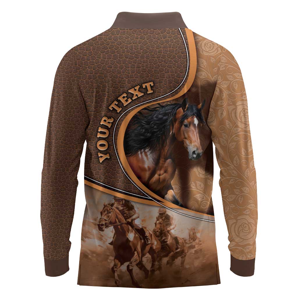 Personalized Horse Racing Long Sleeve Polo Shirt Royal Race Leather Effect