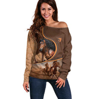 Personalized Horse Racing Off Shoulder Sweater Royal Race Leather Effect