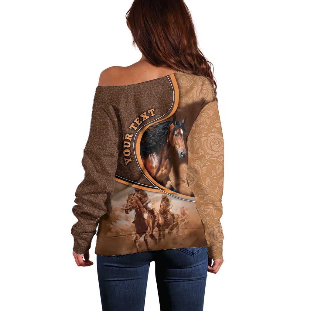 Personalized Horse Racing Off Shoulder Sweater Royal Race Leather Effect
