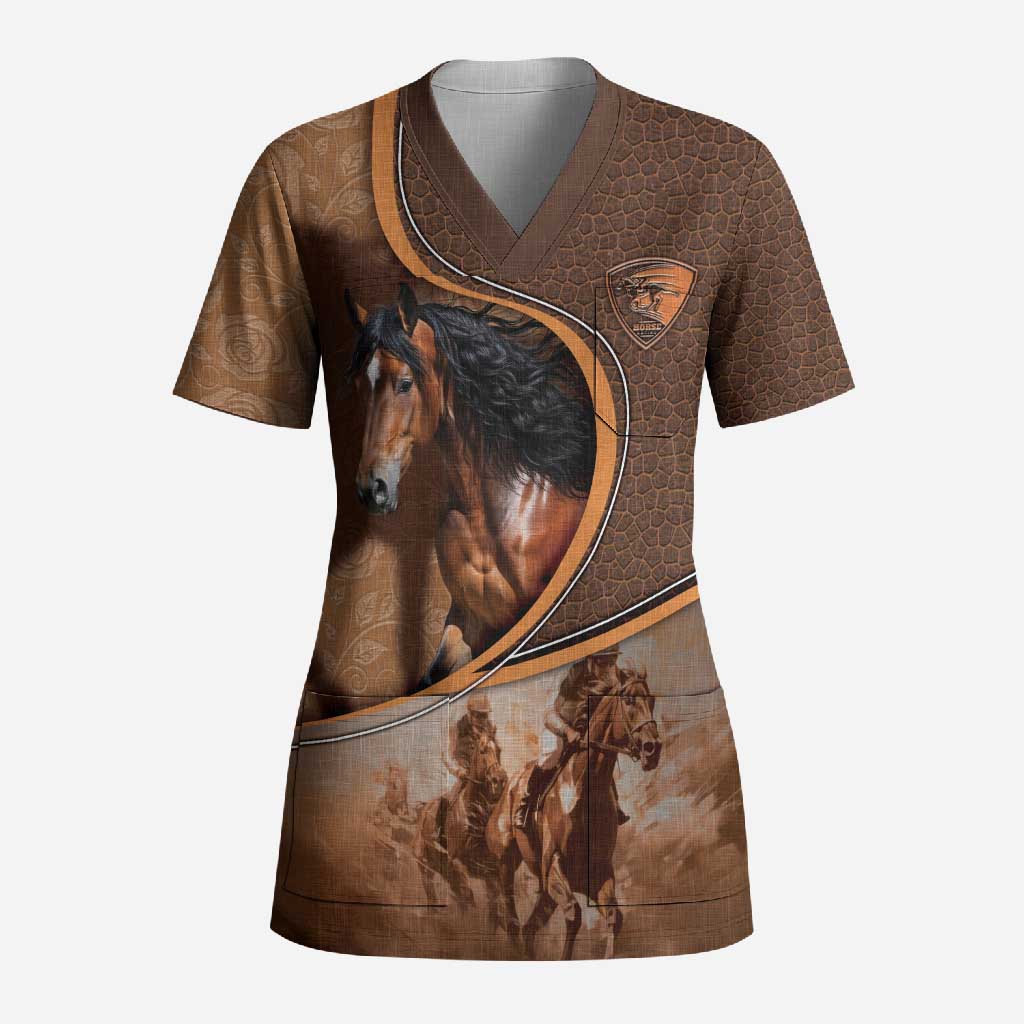Personalized Horse Racing Scrub Top Royal Race Leather Effect