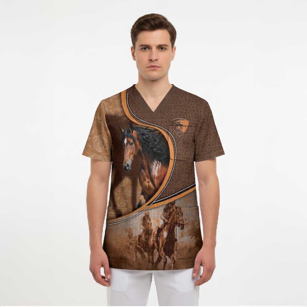 Personalized Horse Racing Scrub Top Royal Race Leather Effect