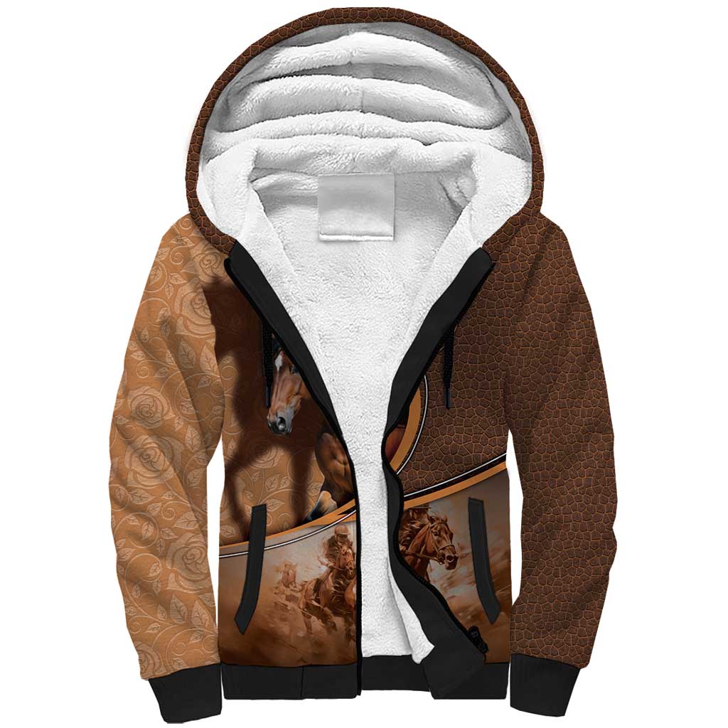 Personalized Horse Racing Sherpa Hoodie Royal Race Leather Effect