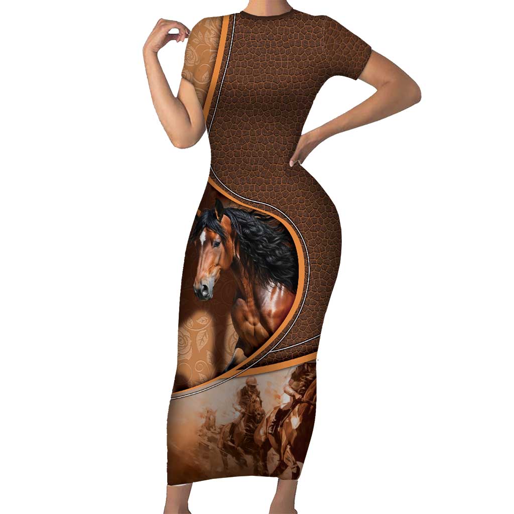 Personalized Horse Racing Short Sleeve Bodycon Dress Royal Race Leather Effect