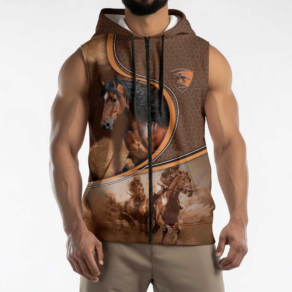 Personalized Horse Racing Sleeveless Zip Hoodie Royal Race Leather Effect