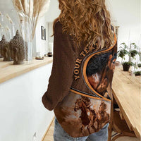 Personalized Horse Racing Women Casual Shirt Royal Race Leather Effect